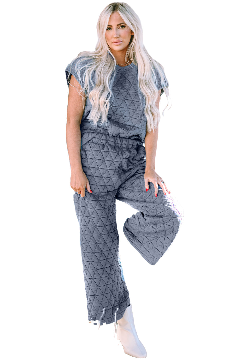 Women's Pants Set Featuring Short-Sleeve Wide-Leg