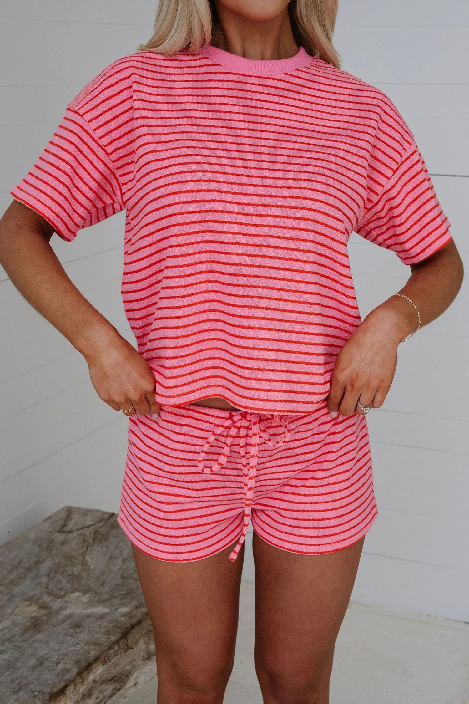 Stripe Side Rose Side Split Knit Tee Drawcord Shorts Set