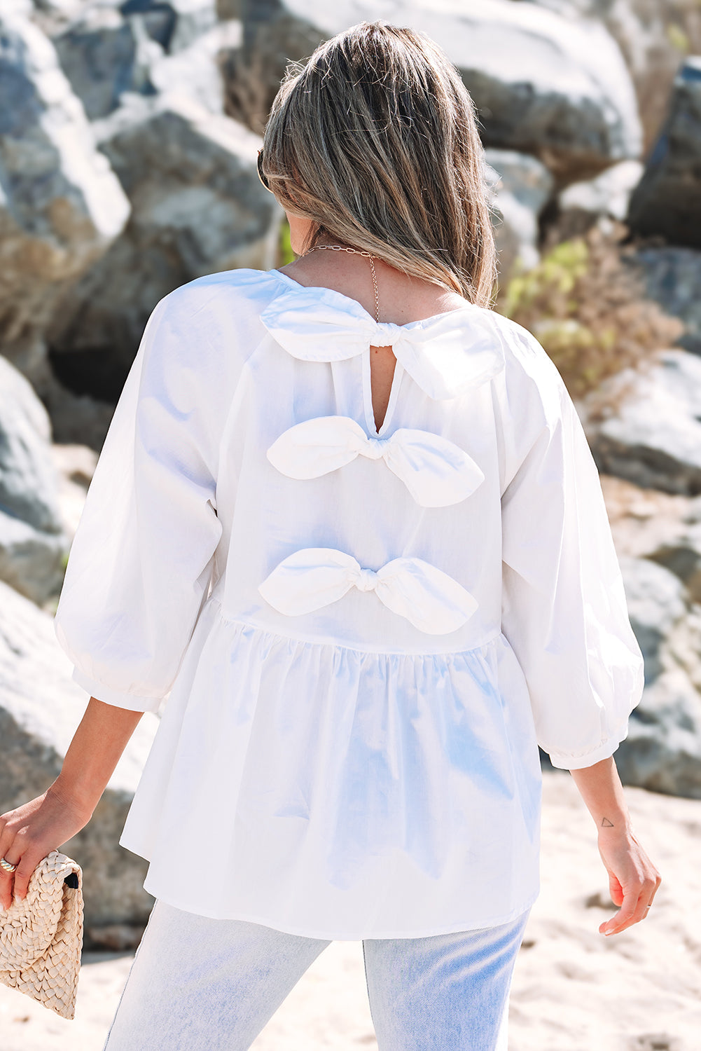 White Bow Knot Cutout Back Loose Fit Blouse