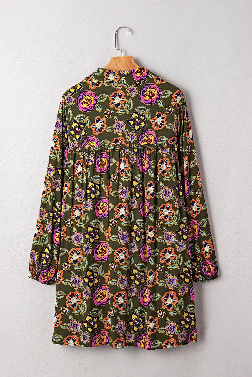 Floral-Print Split Neck Bubble Sleeve Shift Mini Dress