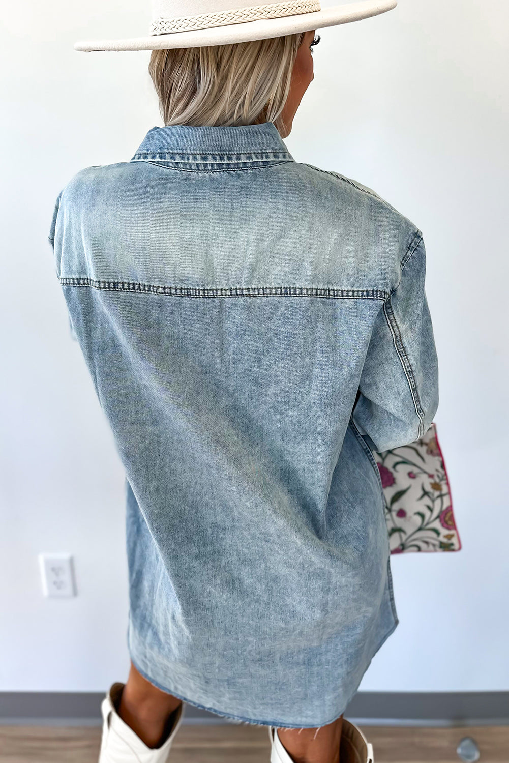 Chest Hem Pocket Raw Denim Loose Shirt Dress