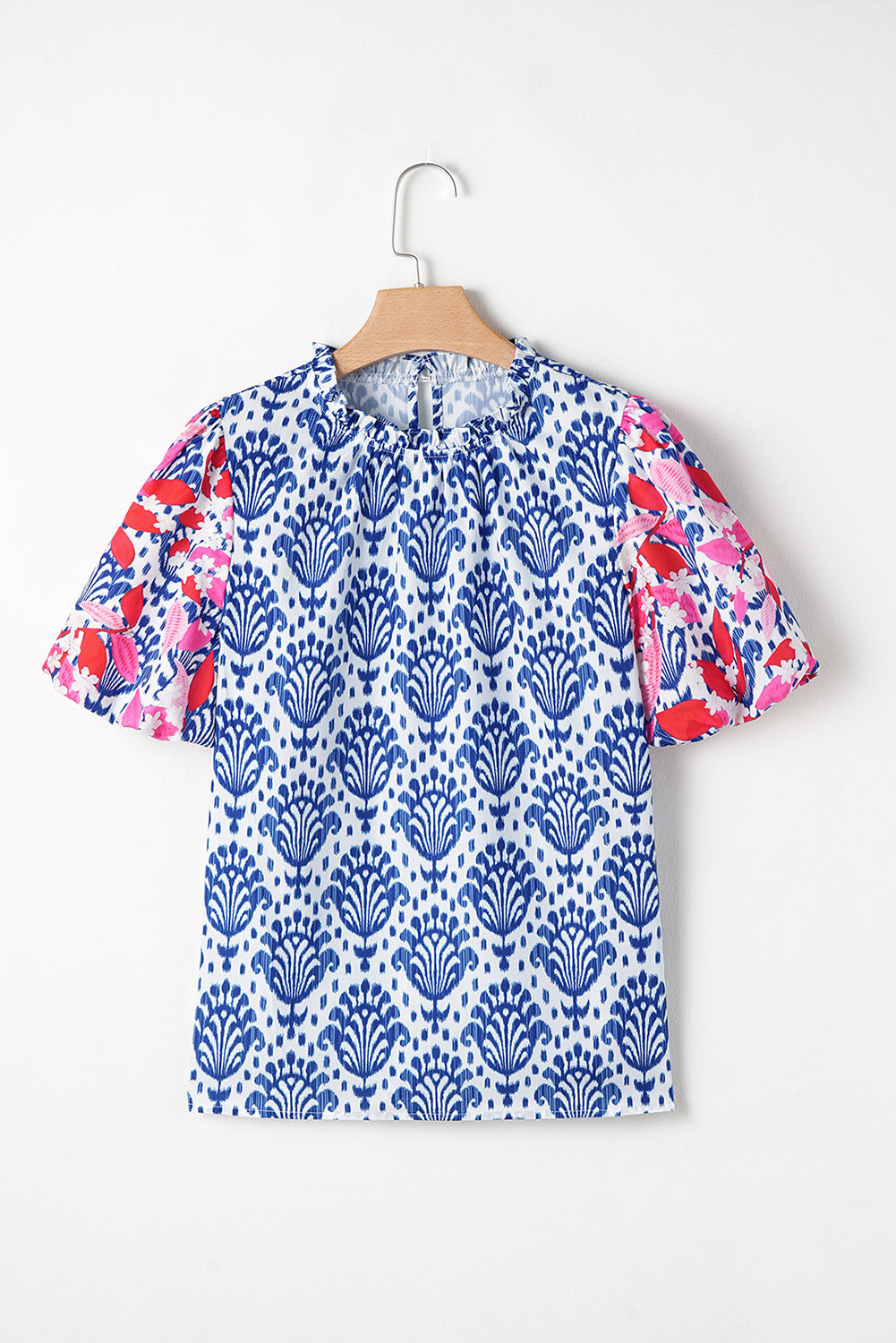 Western Floral Puff Sleeve Frilled Neck Blouse