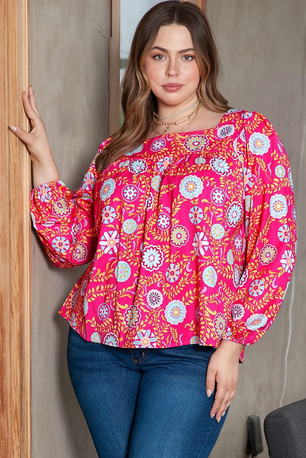 Blouse for Women Plus Size Square Neck Floral-Print