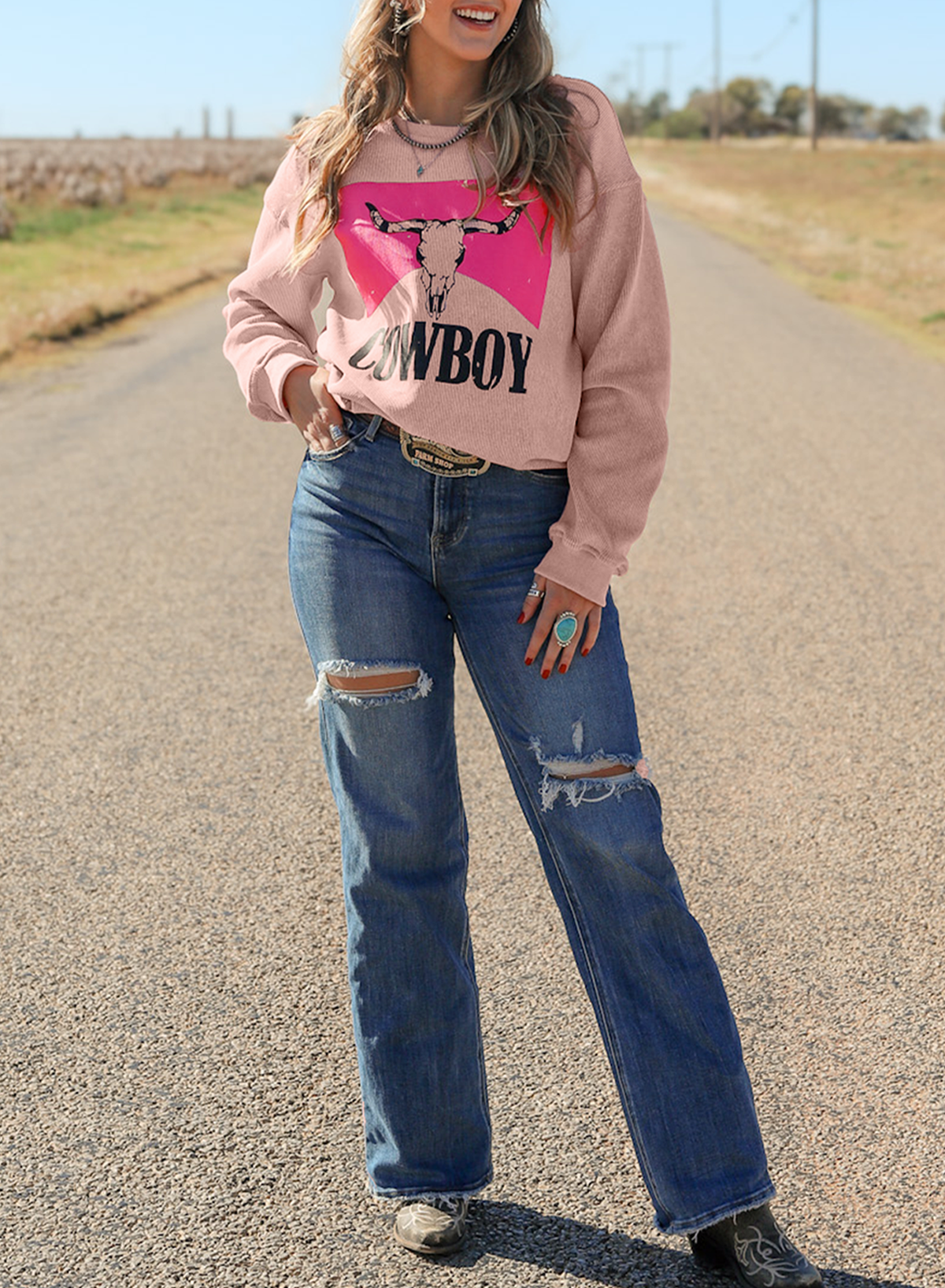 Women's Pullover Sweatshirt Featuring Cowboy Women Steer Head