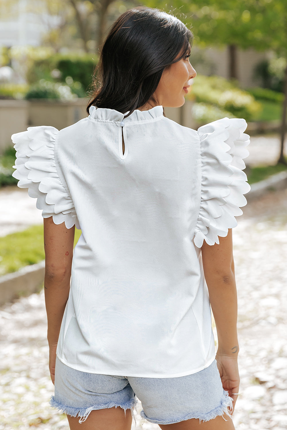 Women's Scalloped Ruffle-Trimmed Solid Color Top