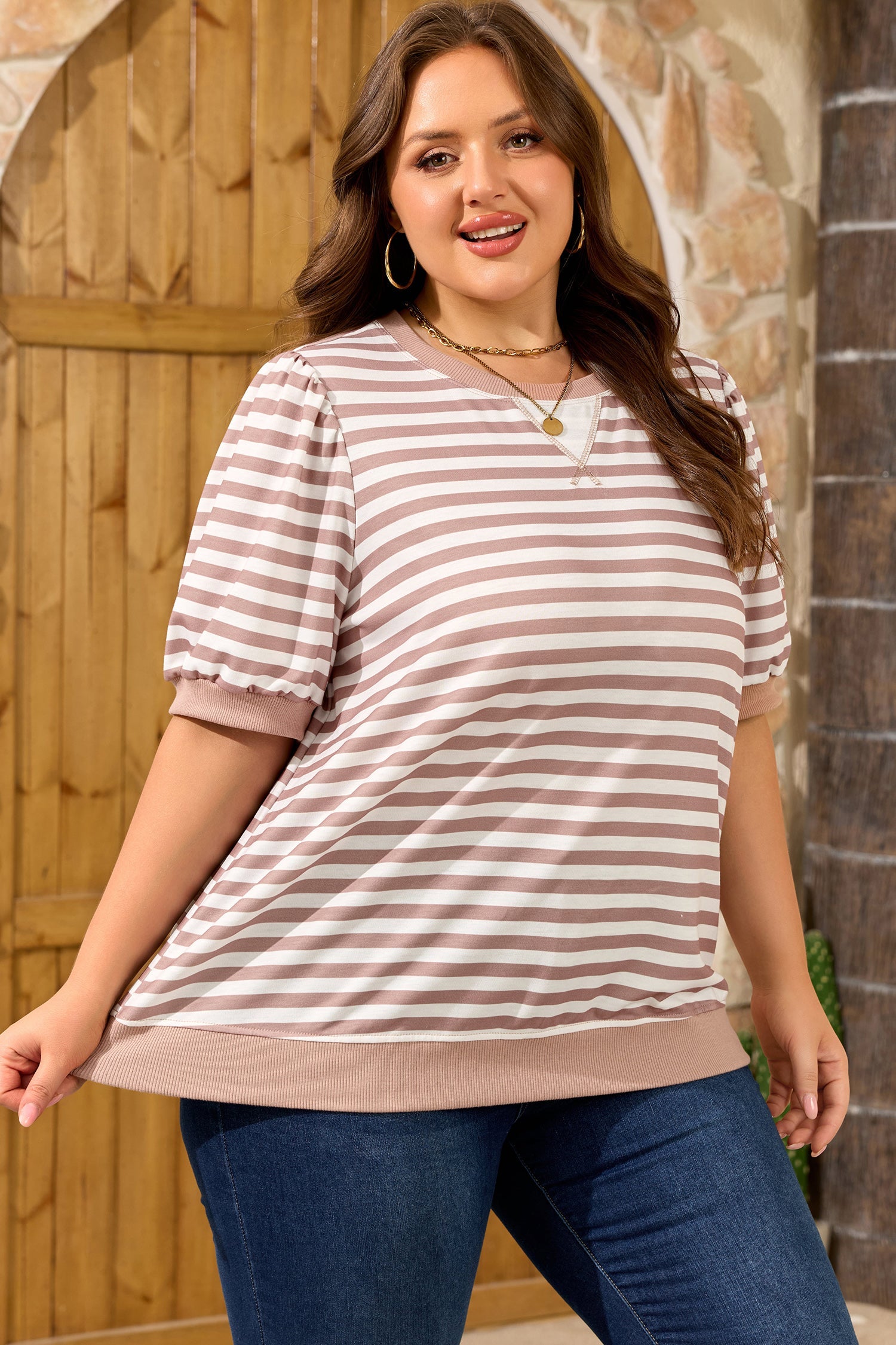 Stripe Round-Neck Rib-Knit Trim Short Puff Sleeve Plus T Shirt in Orange