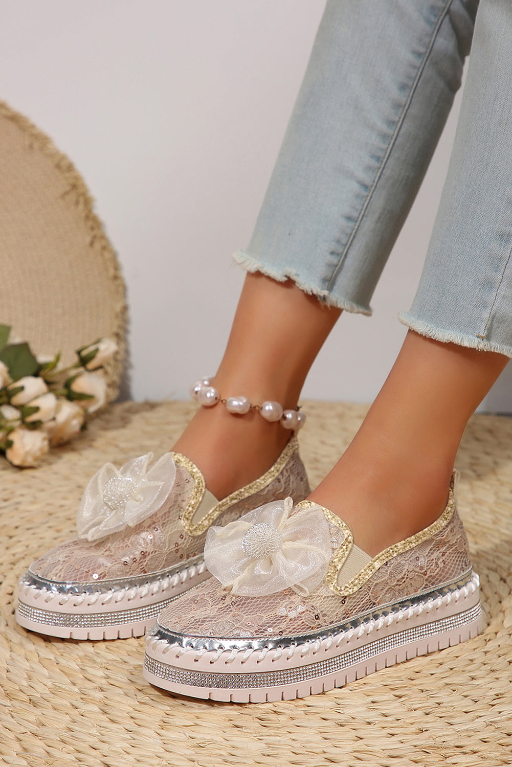 Decor Glossy Bow Breathable Lace Loafer Shoes