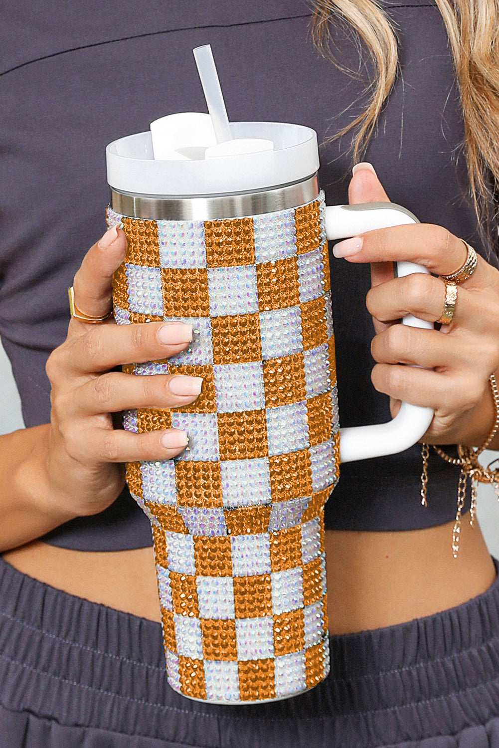 Rhinestone Checkerboard Full Checkerboard Handled Tumbler 40oz