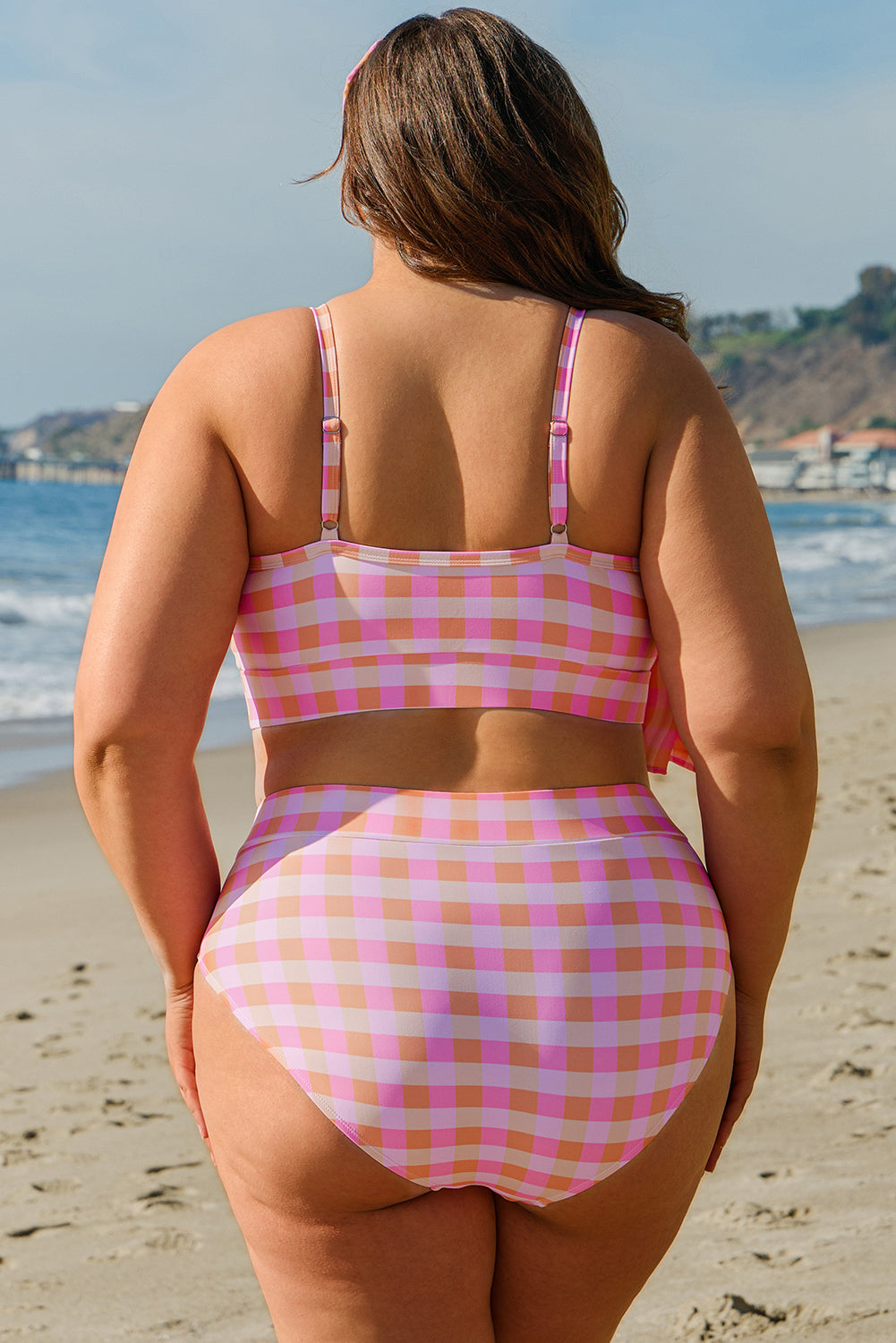 Plus Size Pink Plaid Print High Waist Bikini Set