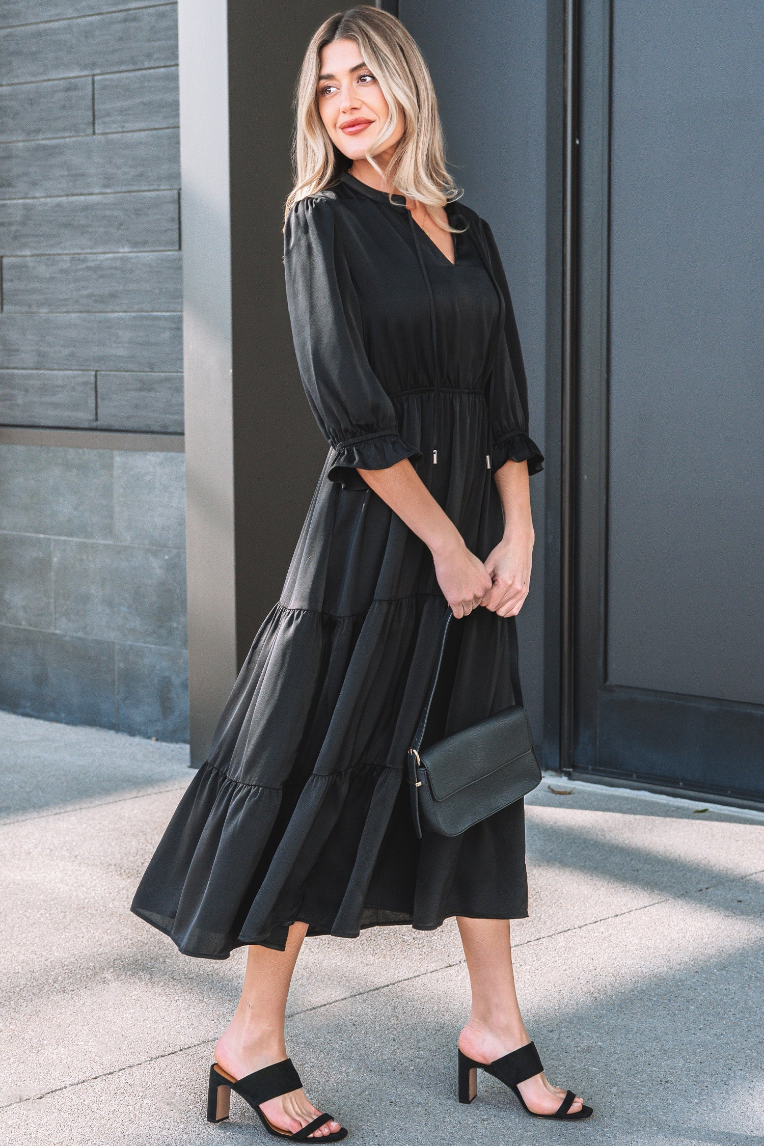 Sleeve Flounced Bracelet V-Neck Tiered Maxi Dress