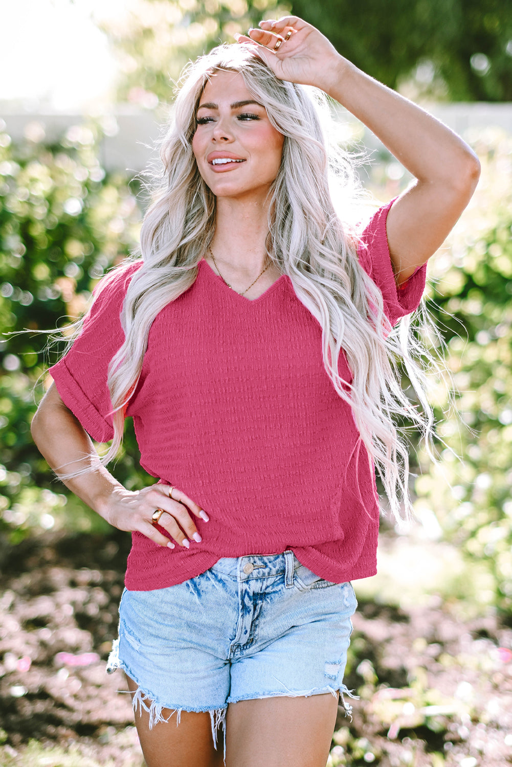 Women's Tee Featuring V Neck Textured Rolled Sleeve