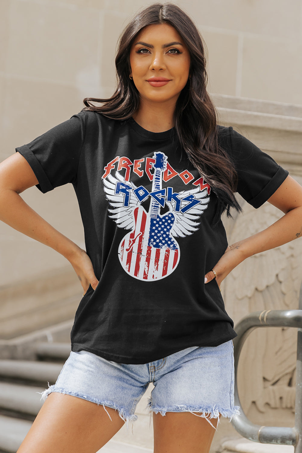 Tee for Women American Flag Guitar Print Crew Neck