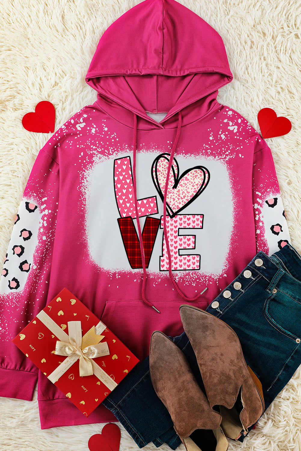 Women's Hoodie Featuring LOVE Leopard-Print Bleached Pocket