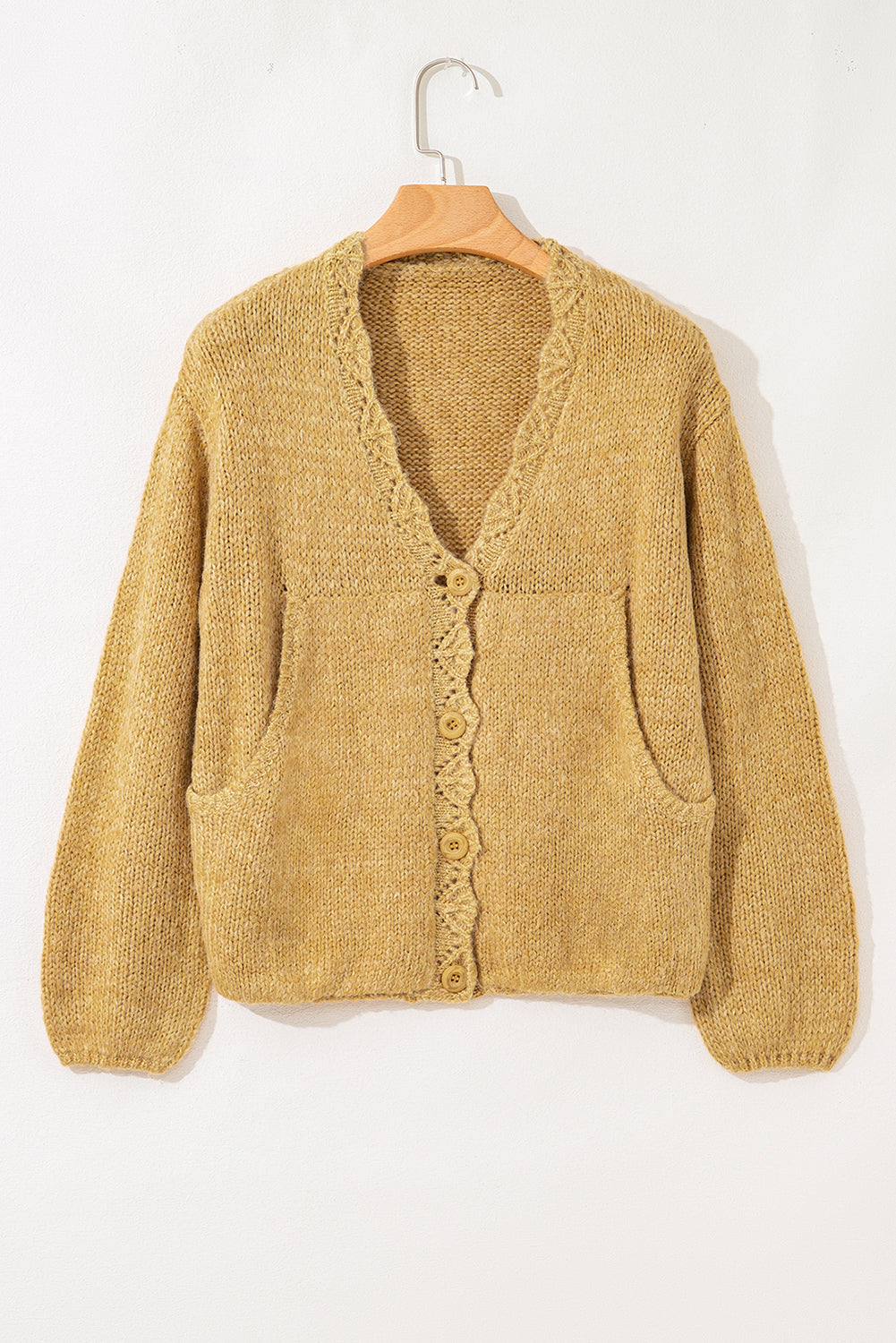 Scallop Lantern Sleeve V-Neck Button-Front Cropped Cardigan