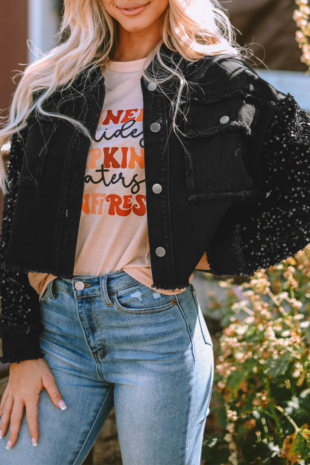 Women's Sequin Raw-Edge Denim Jacket