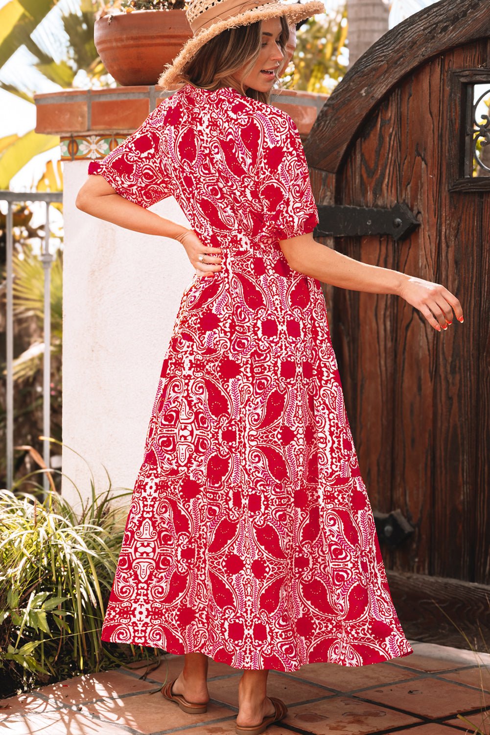 Red Paisley Print Side Slit High Waist Maxi Dress