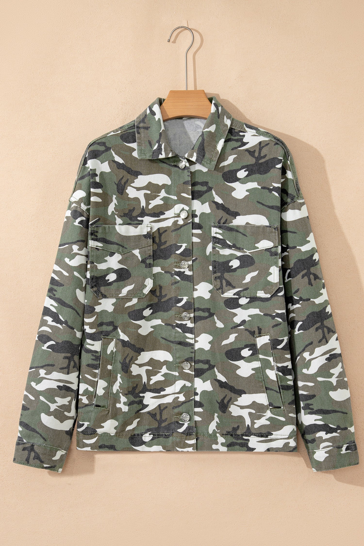 Camo Chest Pockets Loose Jean Jacket in Green