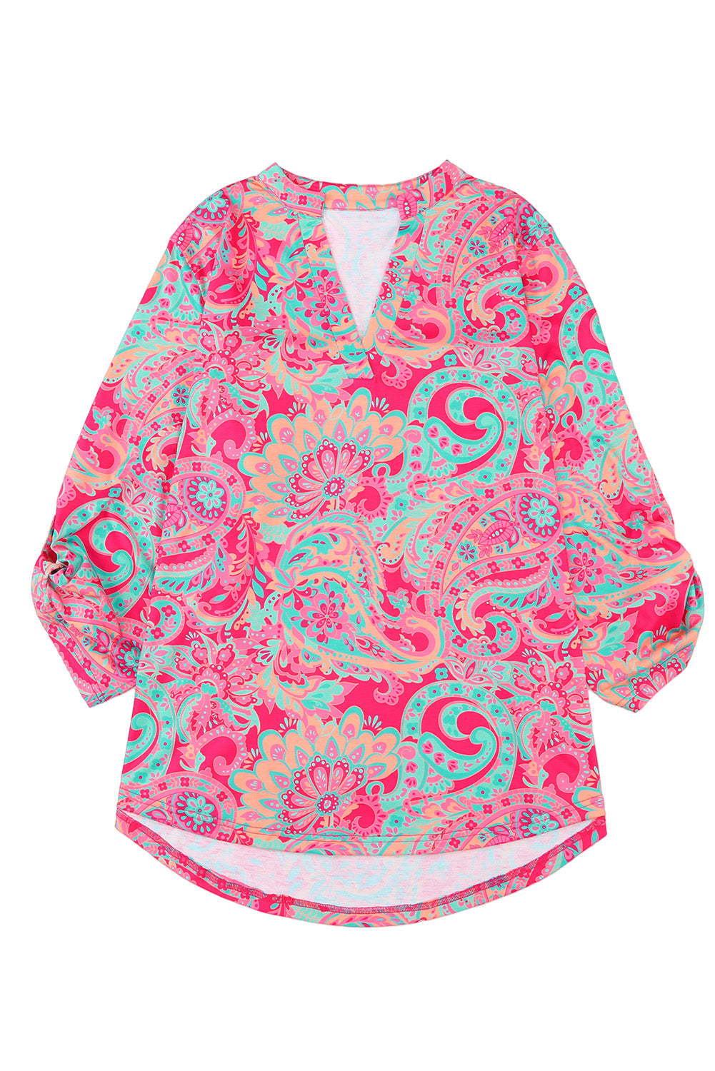 Women's Plus Size Paisley Print V Neck Roll Tab Sleeve Blouse