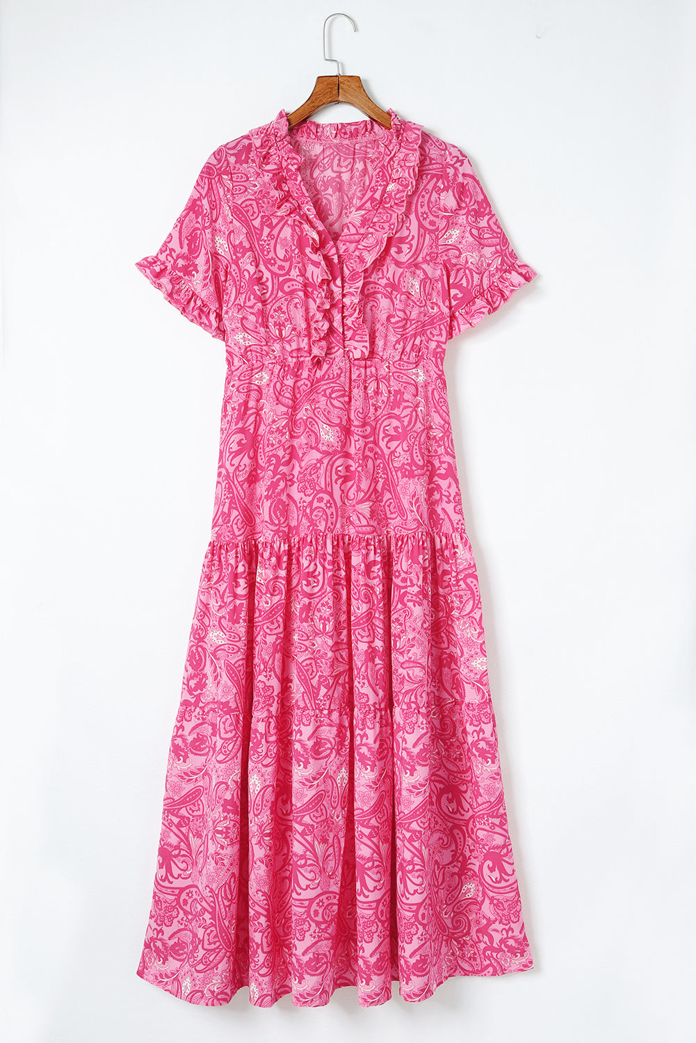Women's Maxi Dress Featuring Paisley Bohemian Ruffle-Trimmed Layered