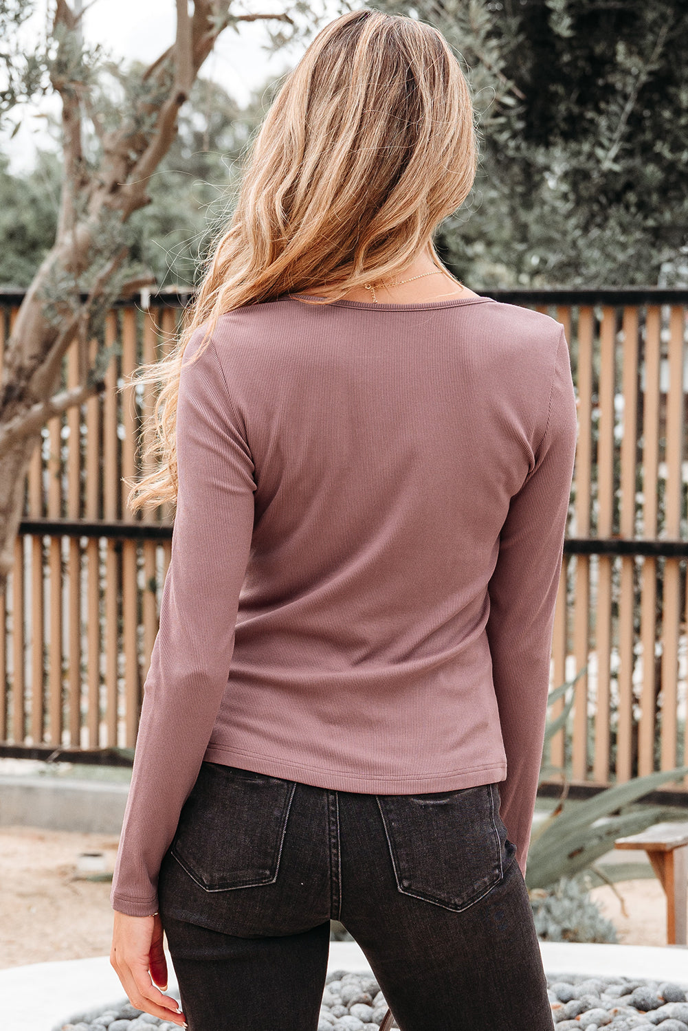 Gathered Bust Square Neck Rib-Knit Fit Long-Sleeved Top