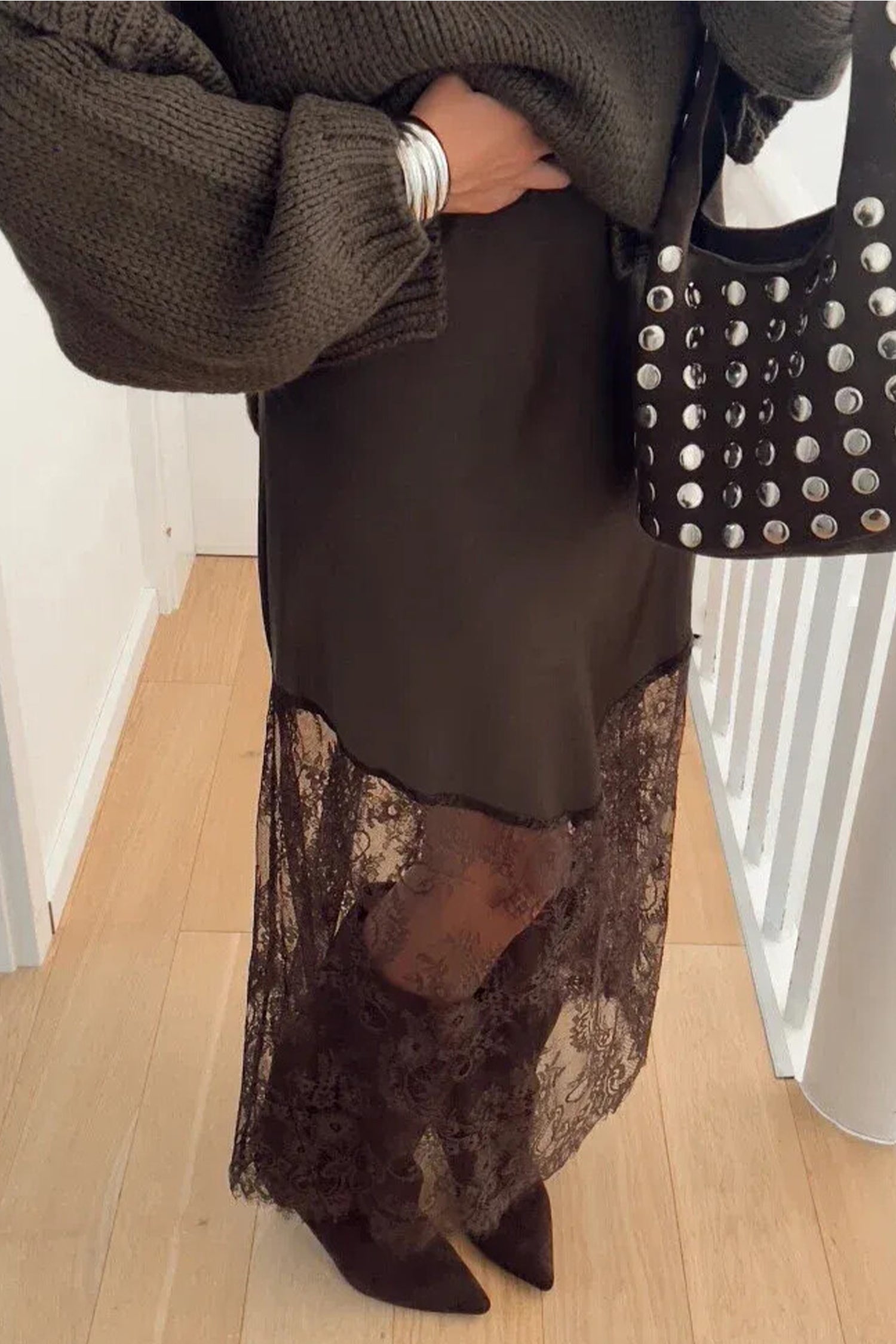 Everyday Lace Dark Brown Patchwork Hem Shift Long Skirt