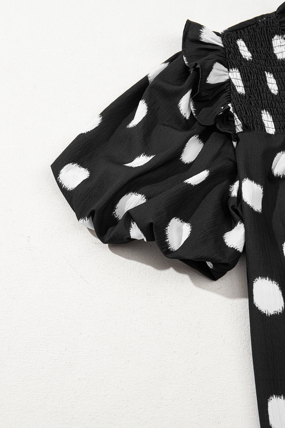 Polka Dot Print Shirred Yoke Notched Neck Blouse
