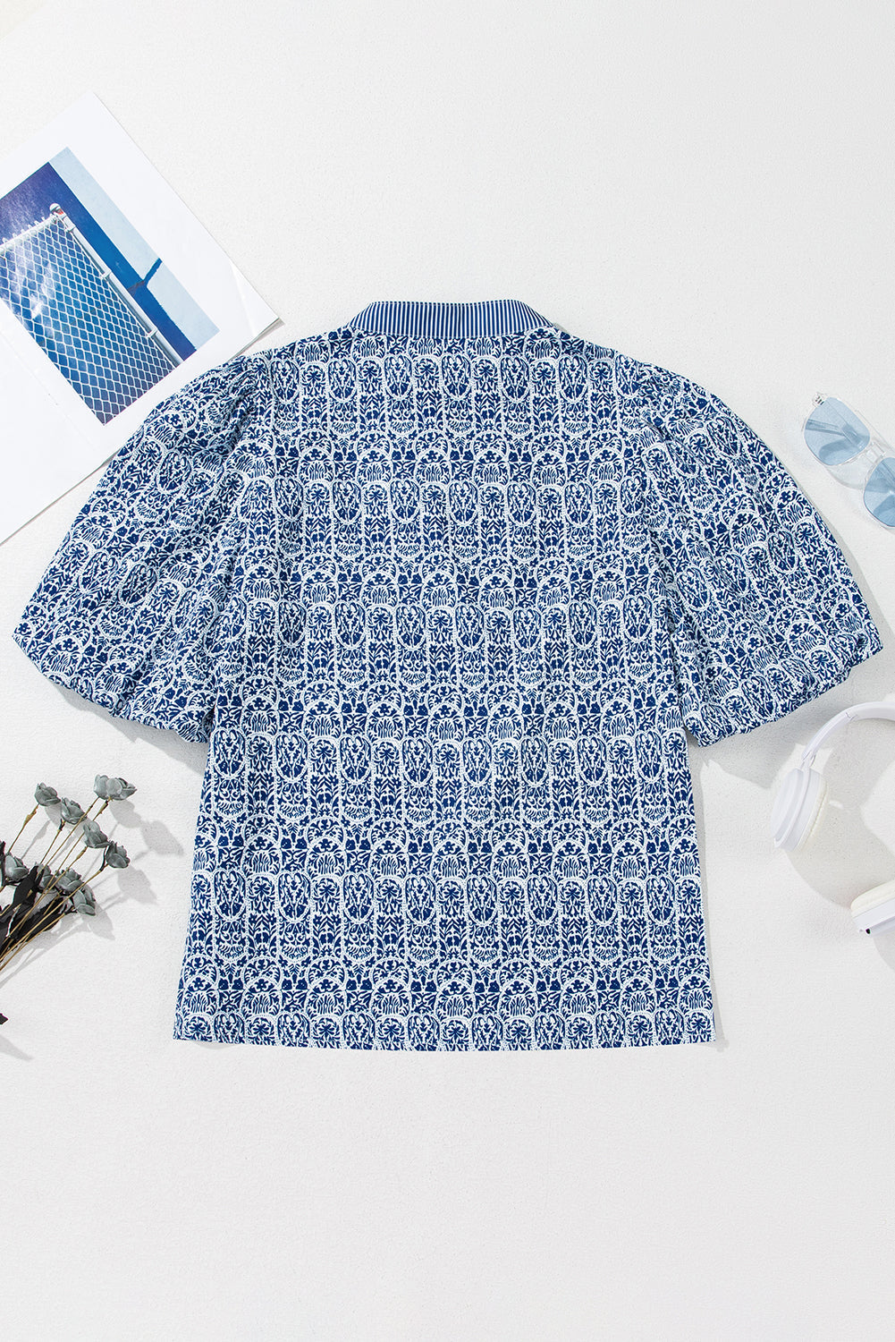 Floral Striped Print Contrast Ric-rac Puff Sleeve Top
