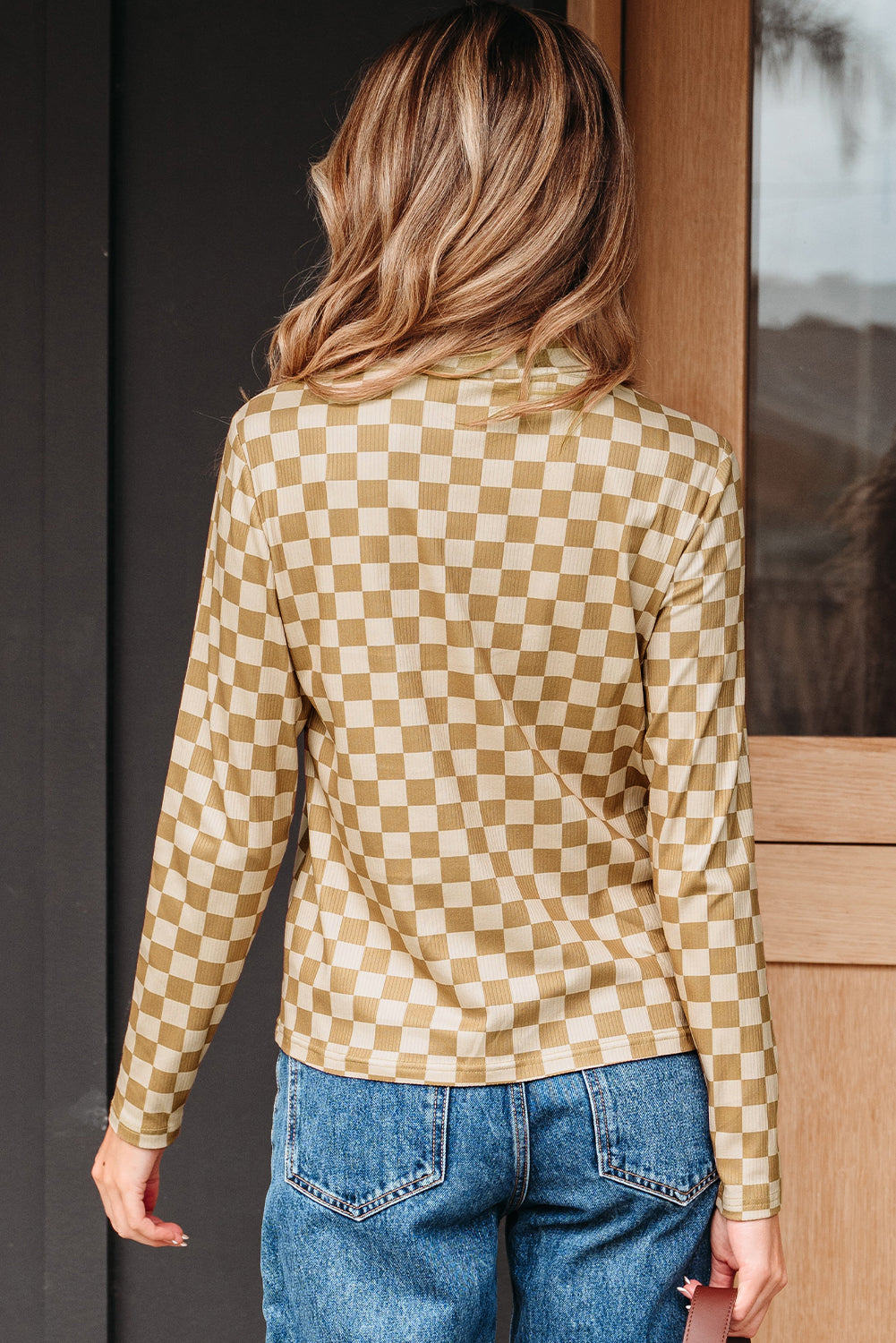 Turtleneck Check Pattern Rib-Knit Slim Long-Sleeved Tee in Khaki