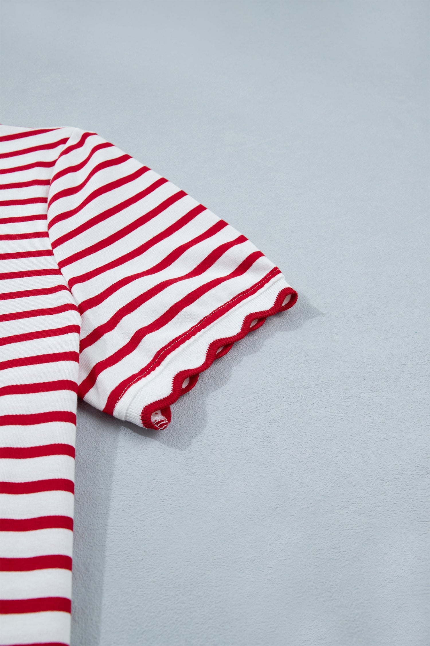Cute Red Stripe Scallop Trim Everyday Top 2pcs Short Set