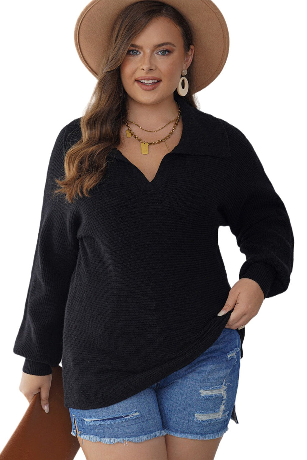 Women's Knitted Lapel Collar Curvy Rib-Knitted Sweater