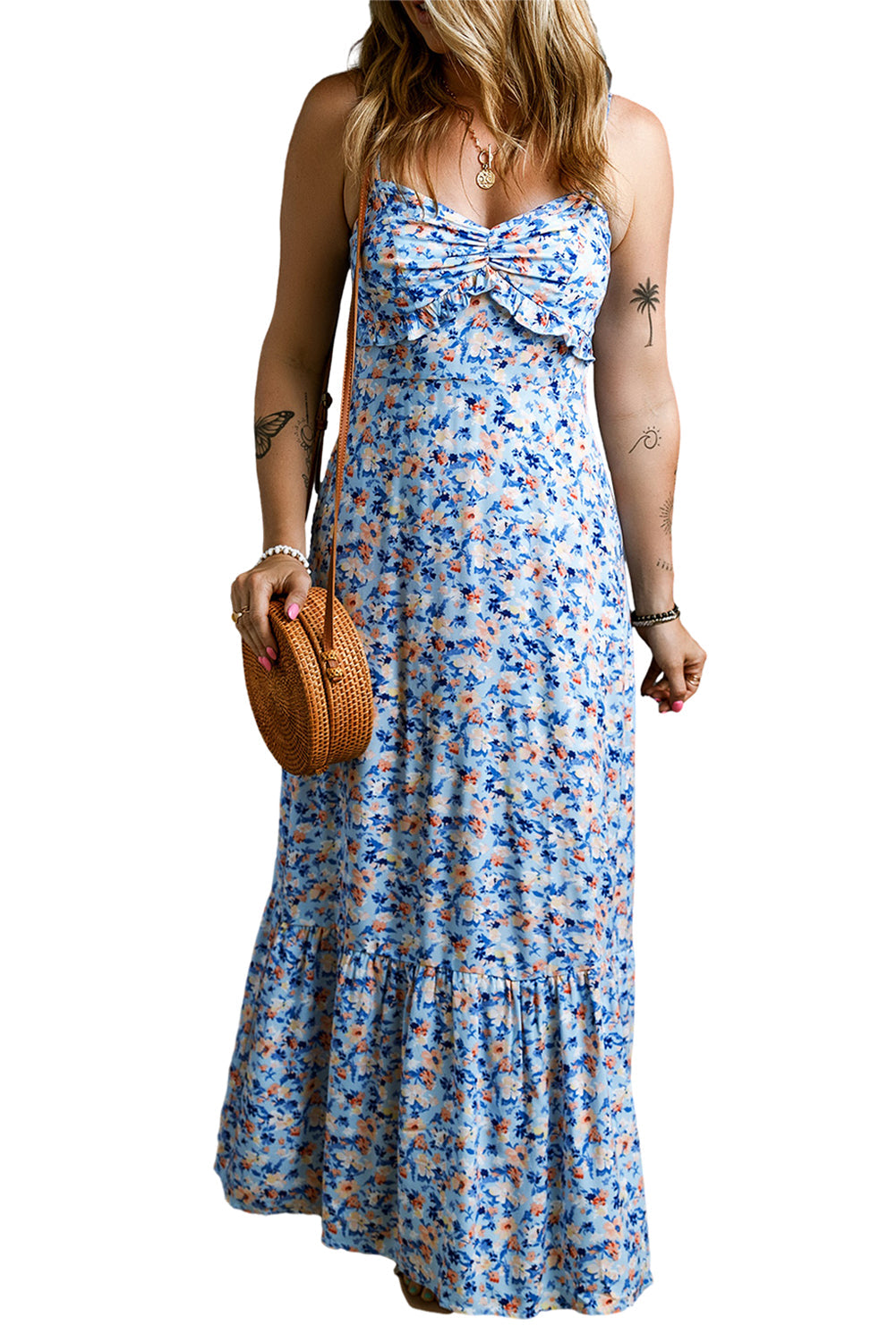 Women's Ruffle-Trimmed Ruched Floral-Print Maxi Dress