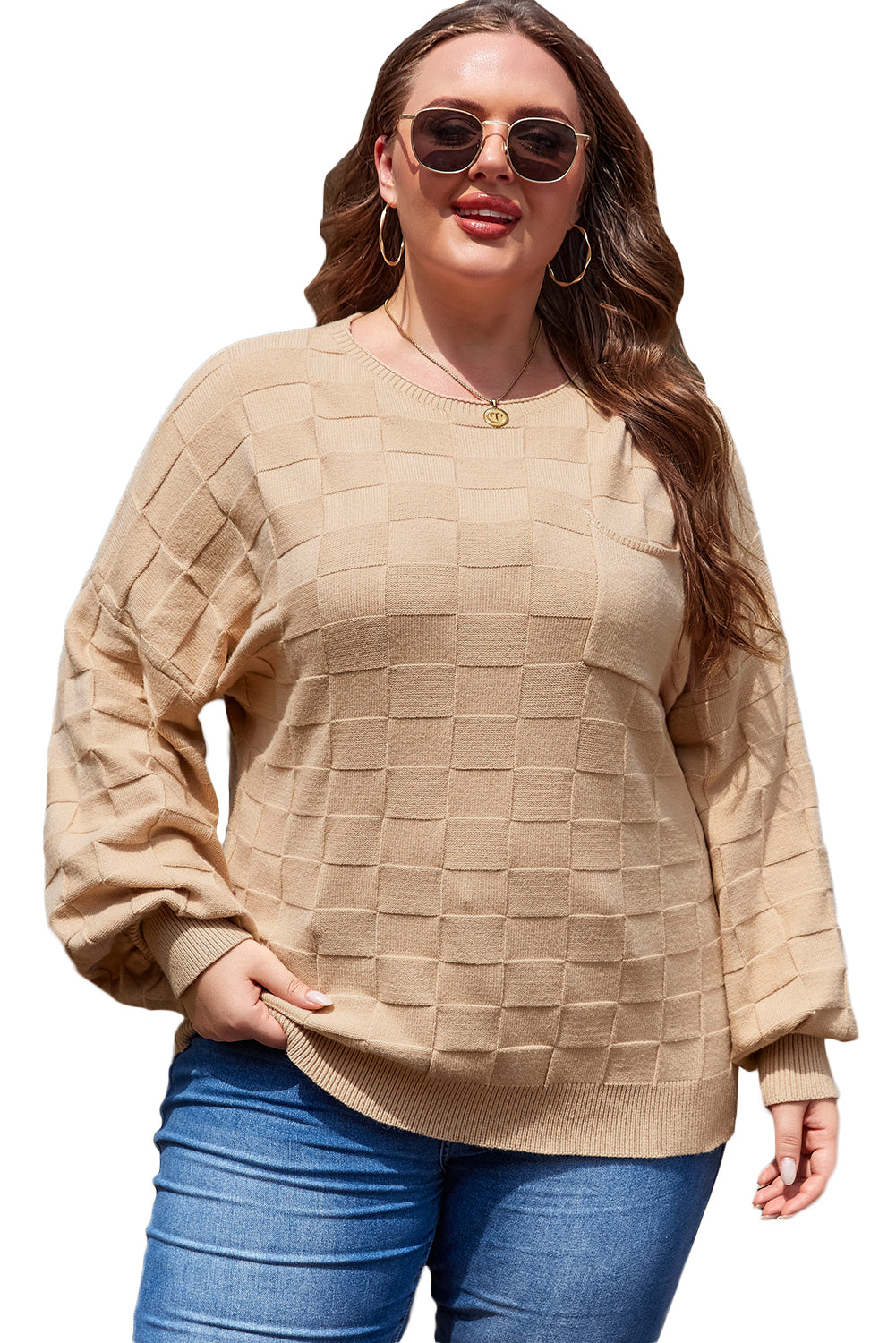 Sweater for Women Solid Checked Knitted Plus Size