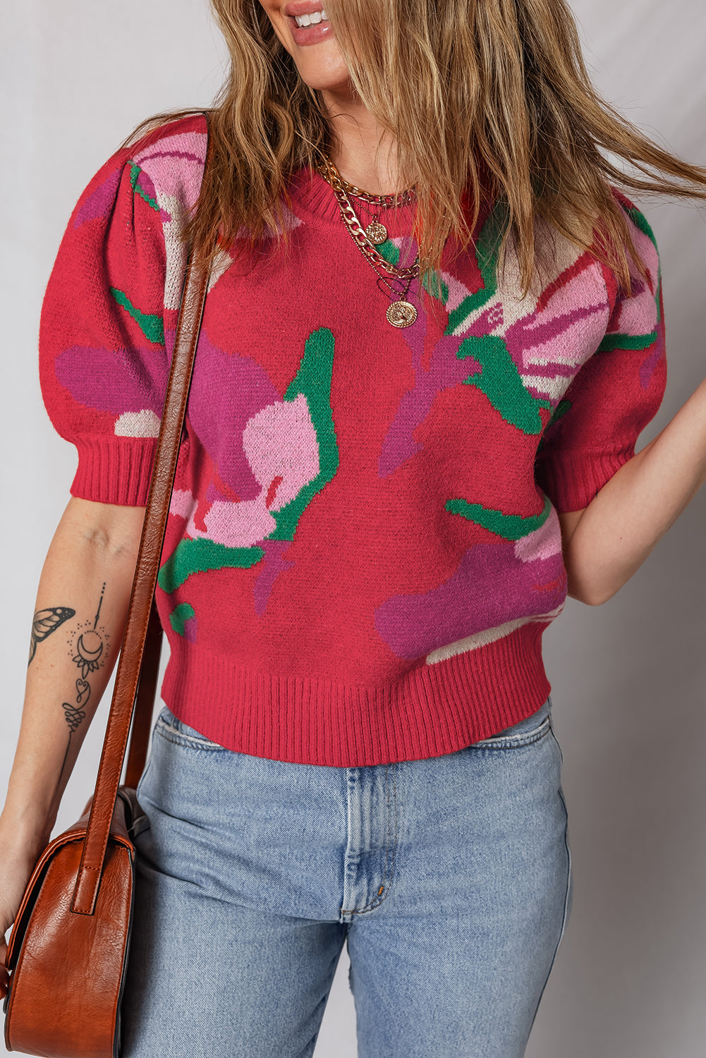 Abstract Print Floral Print Short Puff Sleeve Knit Top