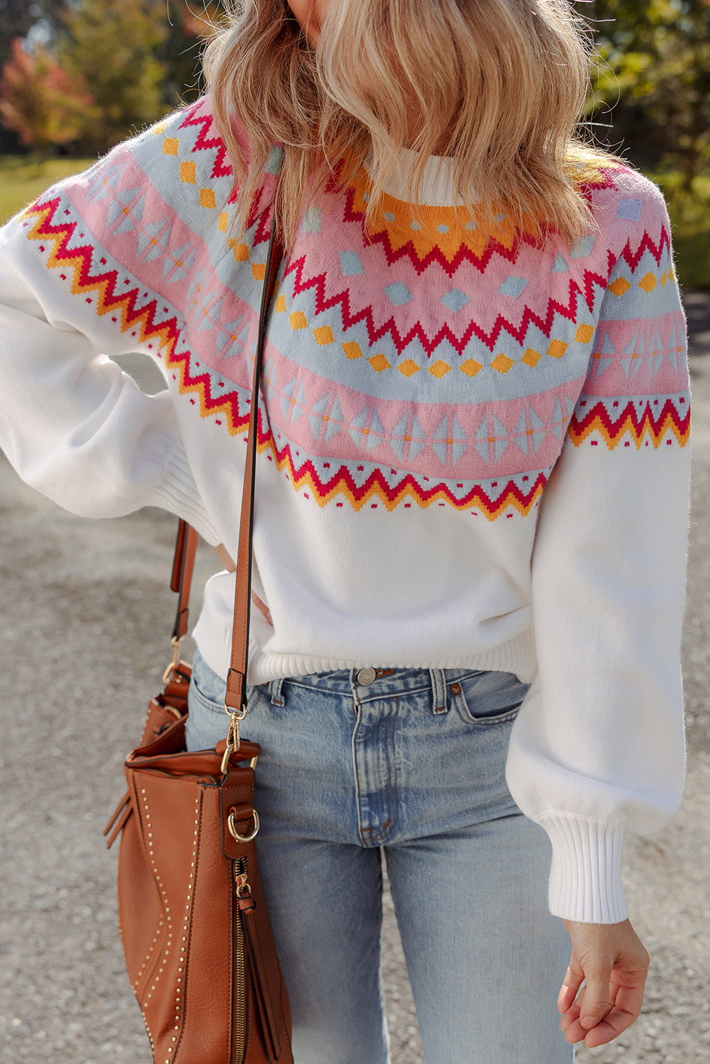 Colorblock Ethnic Geometric Print Drop-Shoulder Knit Top