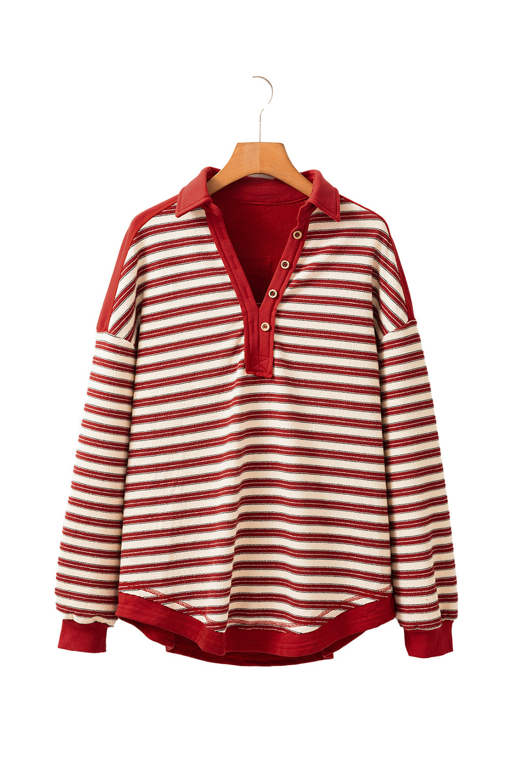 Button-Front V-Neck Collared Drop-Shoulder Top