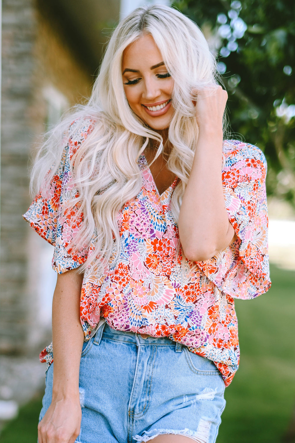 Blouse for Women Gorgeous Floral-Print Notch V Neck