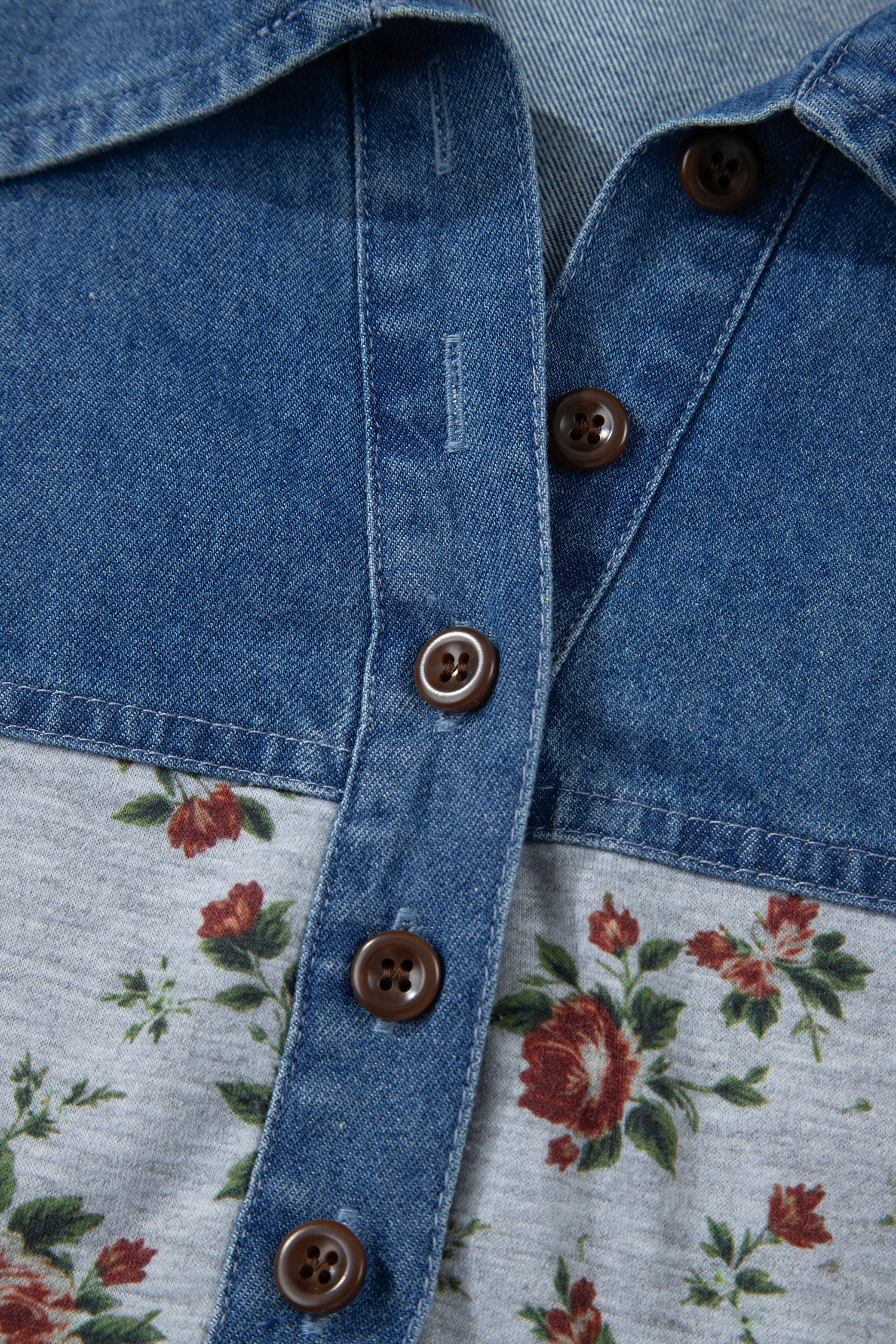 Floral-Print Denim Retro Denim Patchwork Plus Size Polo Tee in Gray