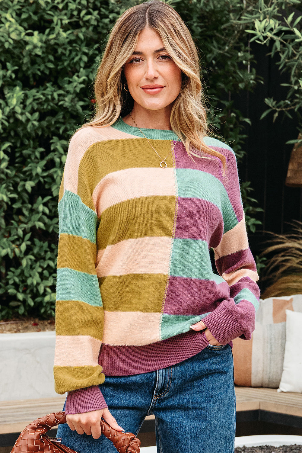 Drop-Shoulder Rib-Knit Stripe Rib-Knit Edge Everyday Knit Top in Green