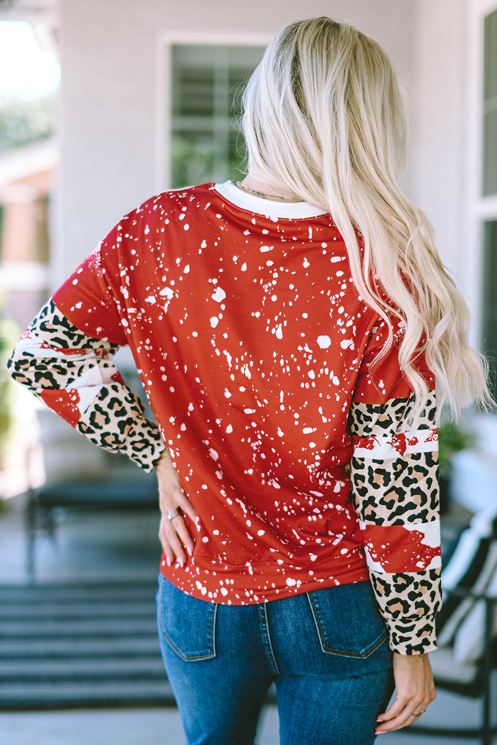 Women's Top with Tie-Dye Leopard-Print Long-Sleeve