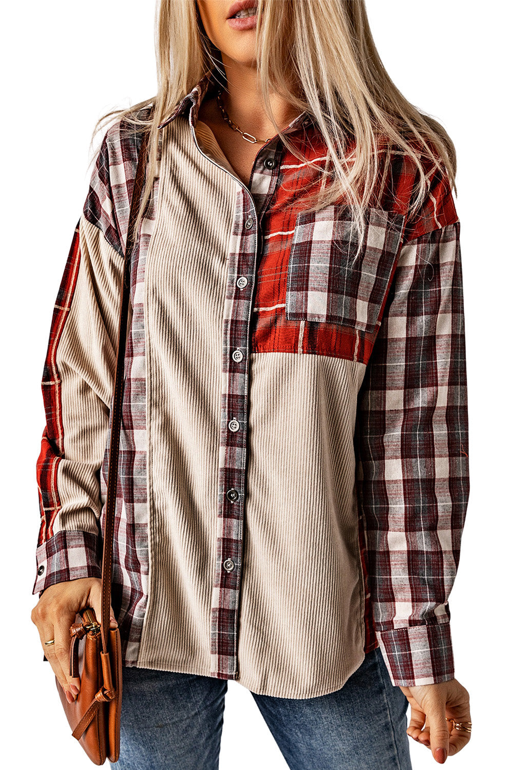 Women's Patchwork Plaid Cord Shacket