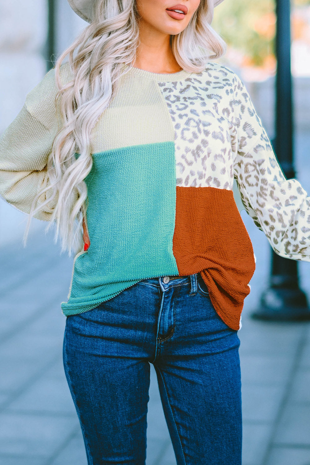 Women's Patchwork Rib-Knitted Long-Sleeve Top