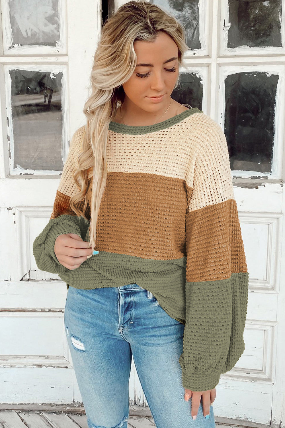 Women's Top Featuring Textured Bubble Sleeve Baggy