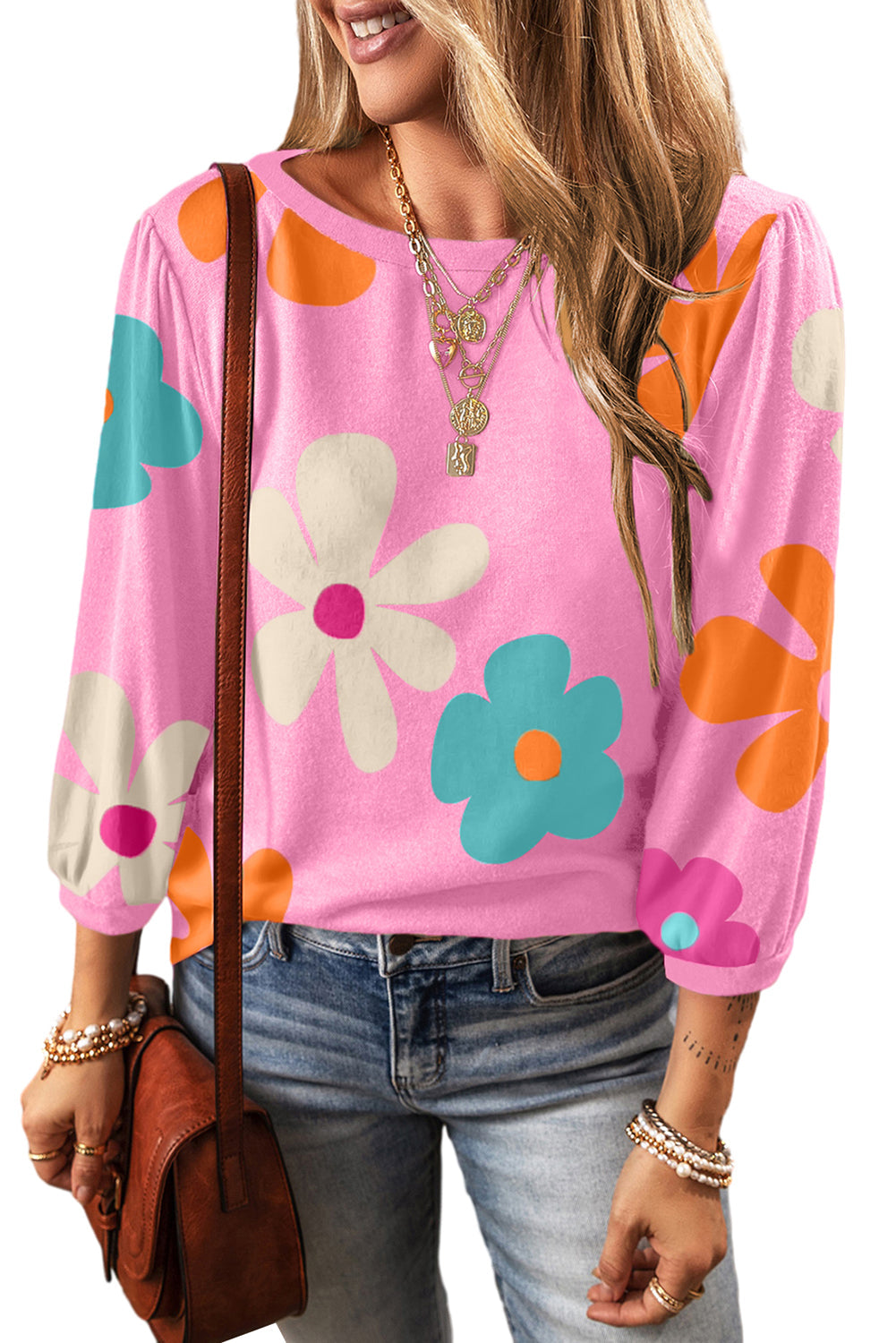 Women's Bracelet-Length Sleeve Cute Flower Top