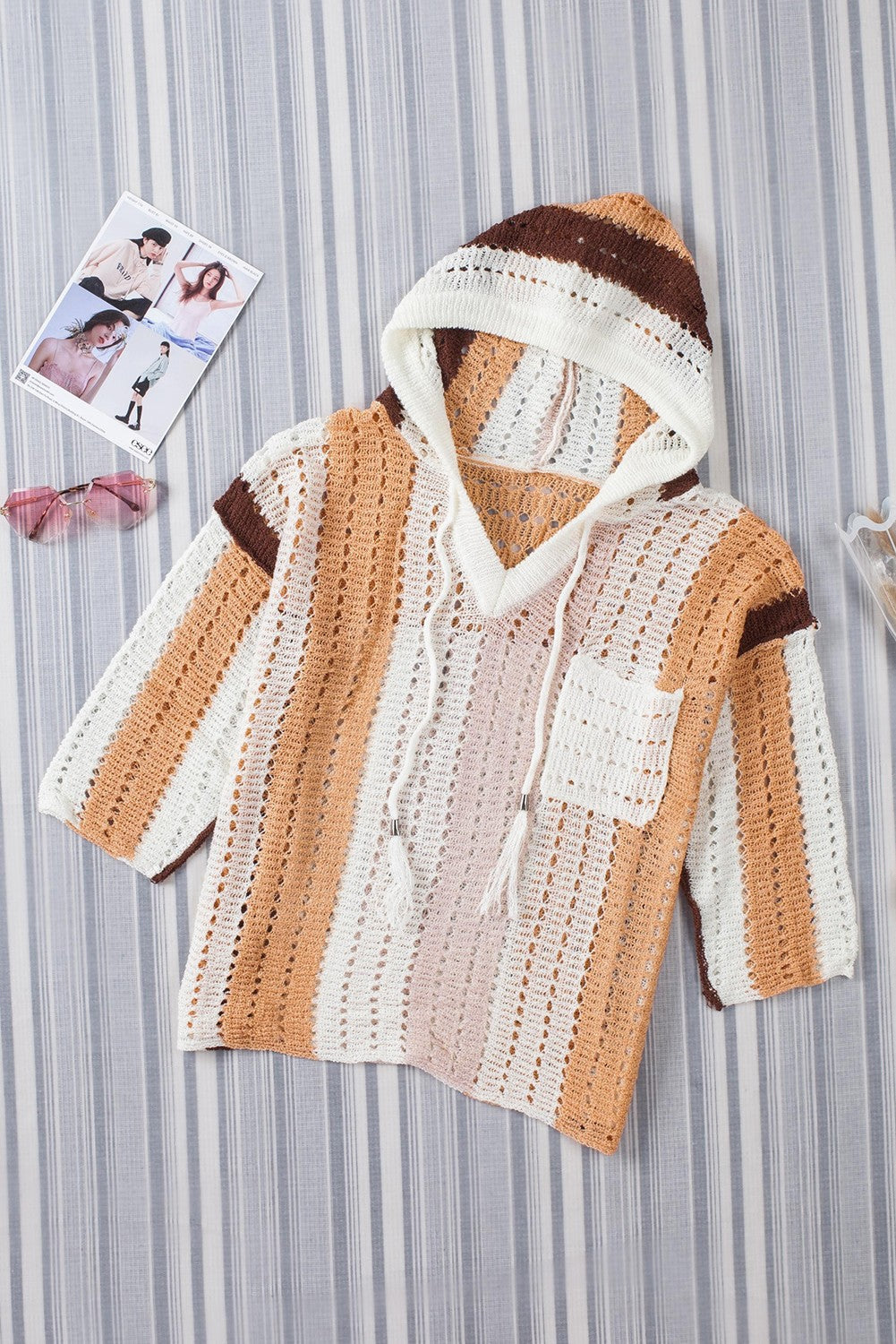 Women's Striped Cut Out Hooded Sweater