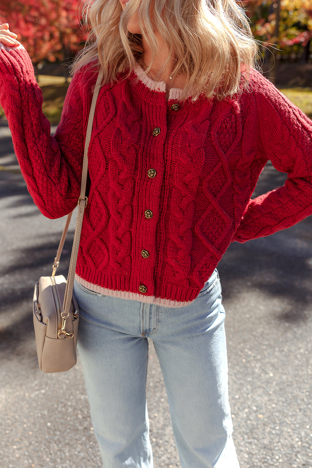 Color Contrast Edge Cable Knit Button-Front Cardigan in Red