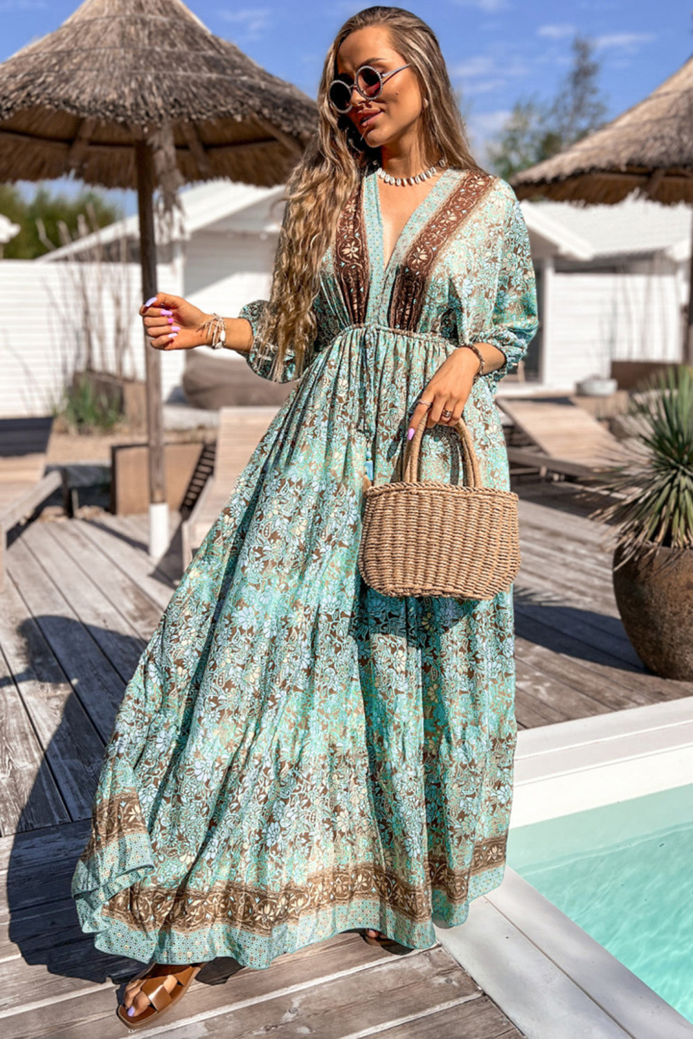 Green Boho Floral Print Lace-up Open Back Maxi Dress