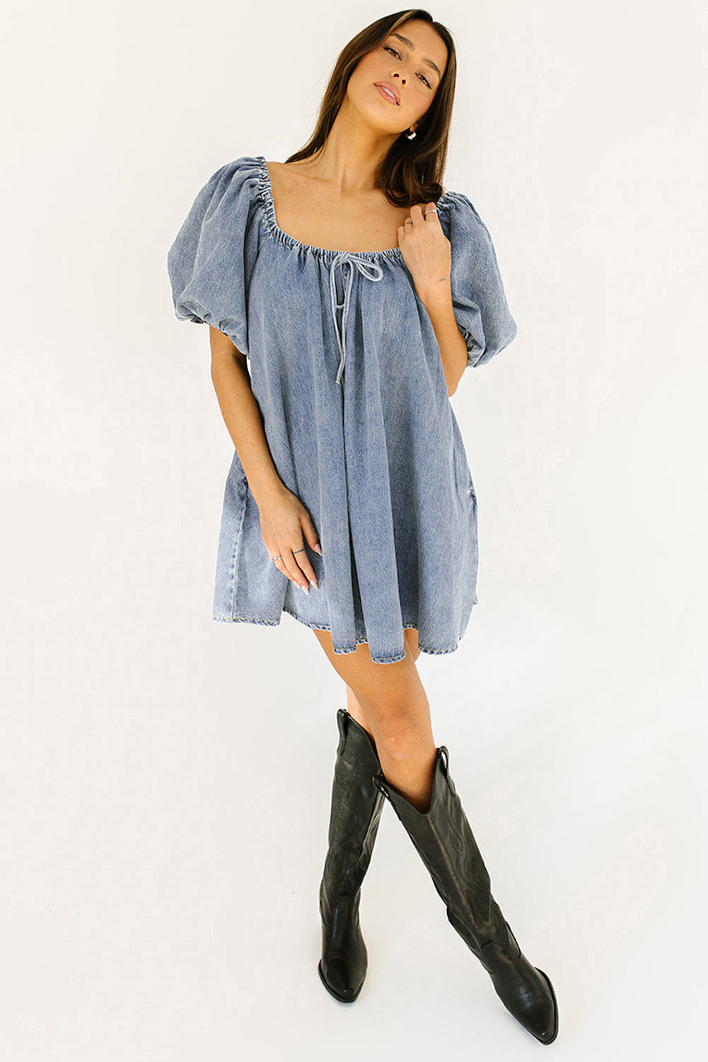 Bubble Neck Sleeve Square Denim Babydoll Dress