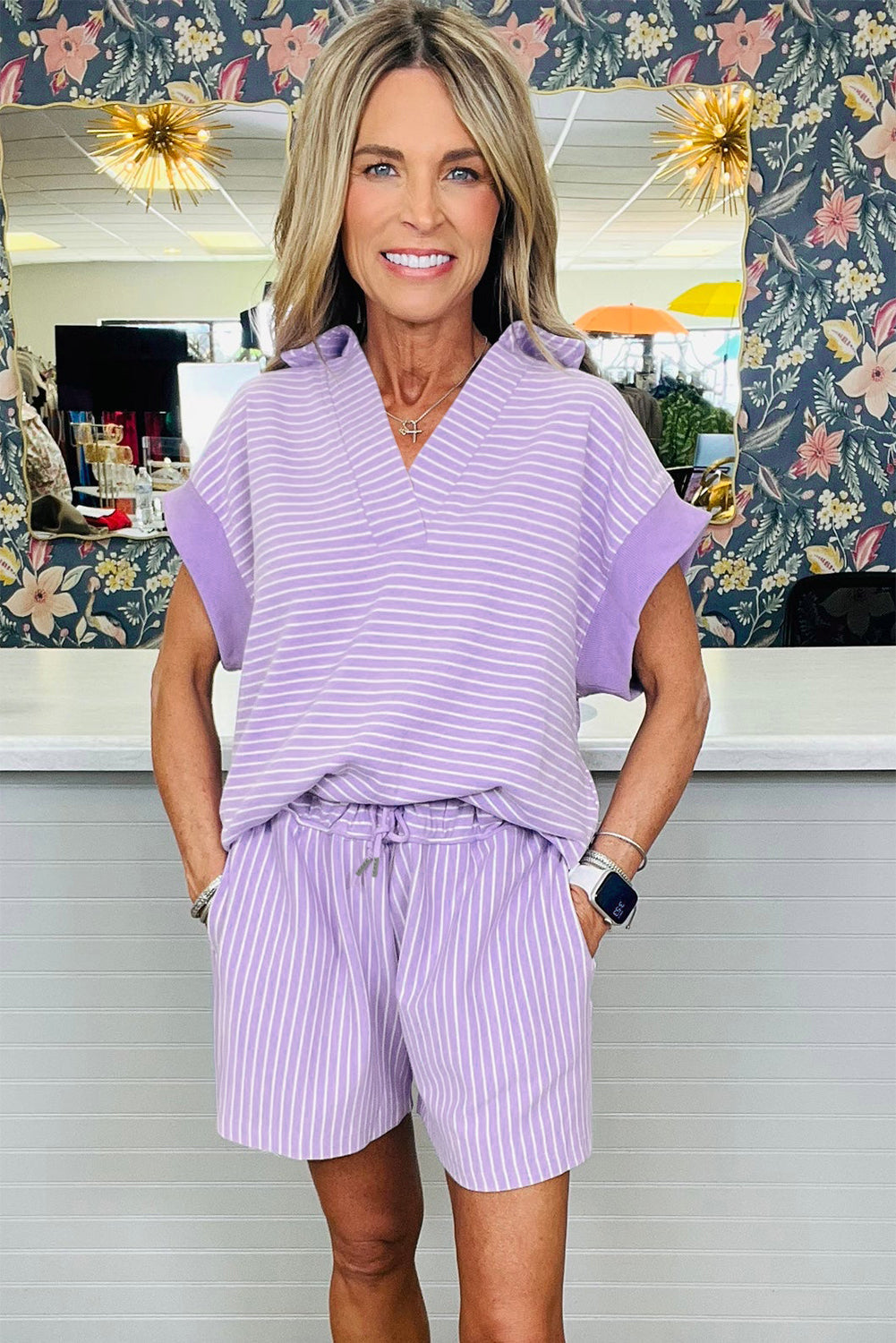 Stripe Dolman Sleeve Polo Shirt and Drawcord Shorts Set in Purple