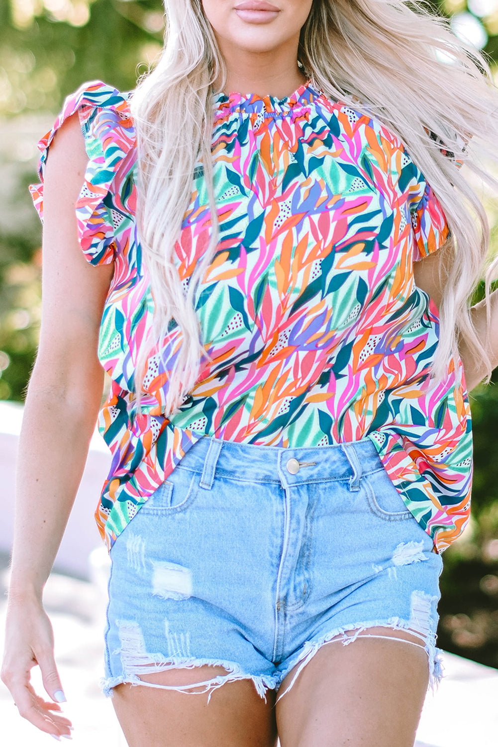 Women's Blouse with Print Ruffle-Trimmed Floral-Print