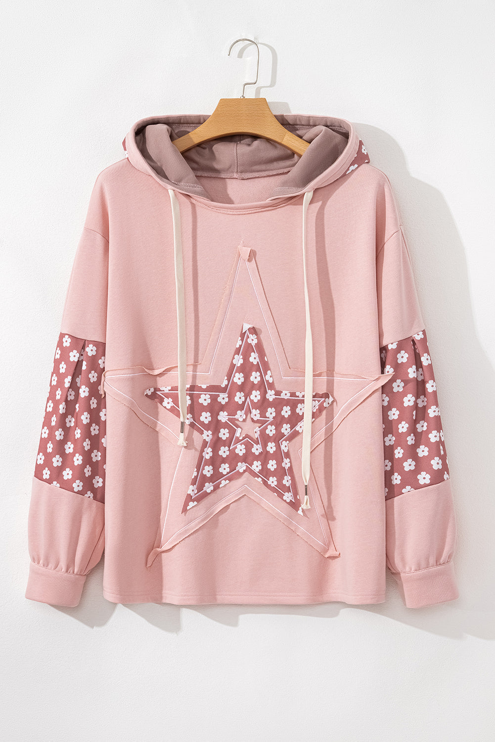 Star Patch Graphic Floral Color Block Drawstring Plus Size Hoodie